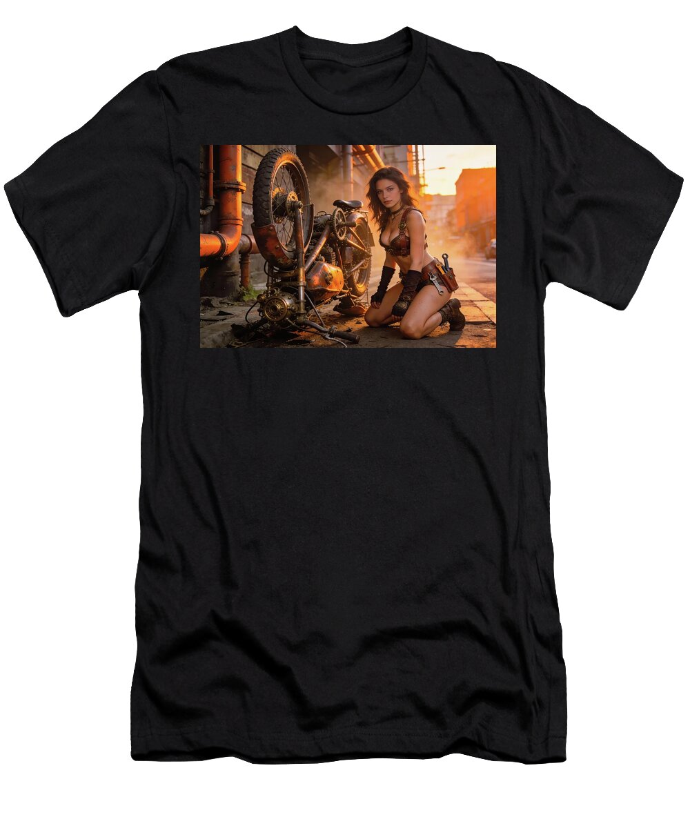 Steampunk Mechanic Woman with Vintage Motorcycle Matthias Hauser T-Shirt
