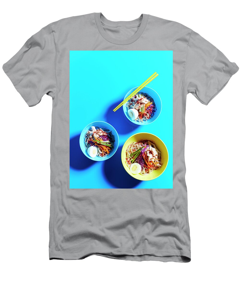 Still Life with Three Bowls of Buckwheat Spicy Cold Noodles Brett Stevens T-Shirt
