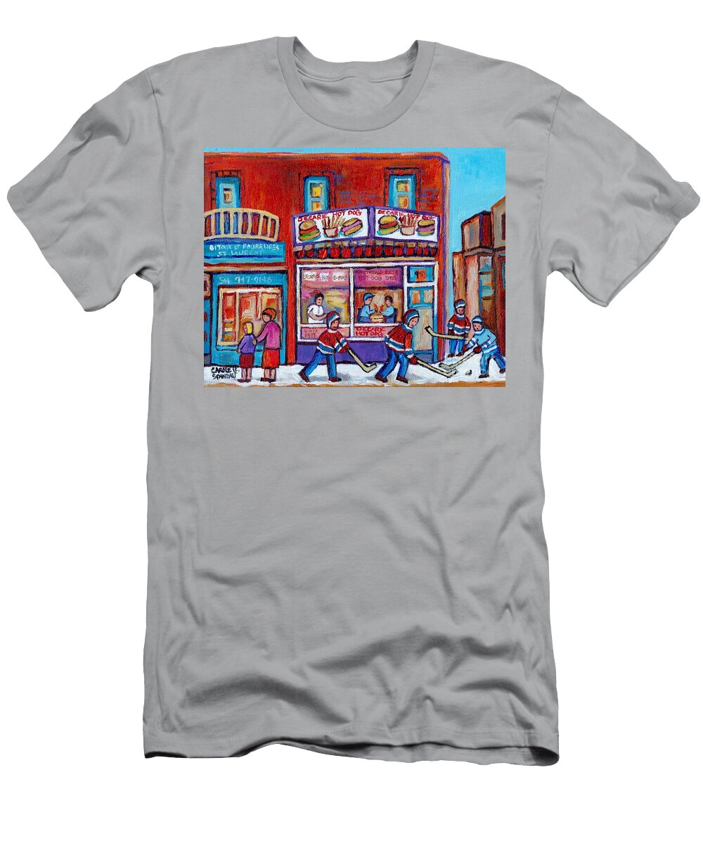 Street Hockey Game Near Decarie Hot Dog Ville St Laurent Montreal Winter Scene Painting C Spandau Carole Spandau T-Shirt