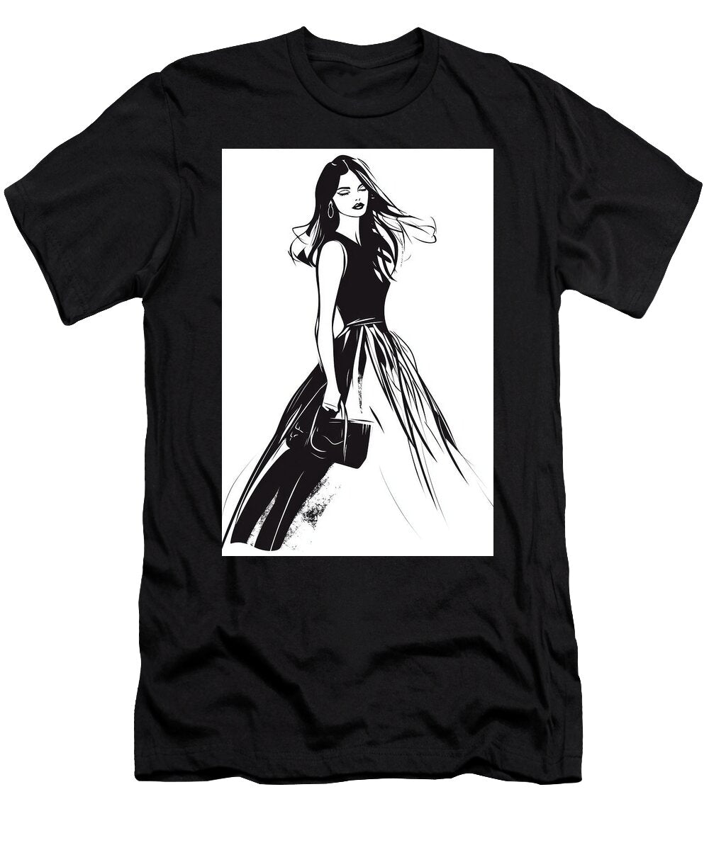 Stylish Woman in Flowing Dress Holding Clutch Maximu Anya T-Shirt
