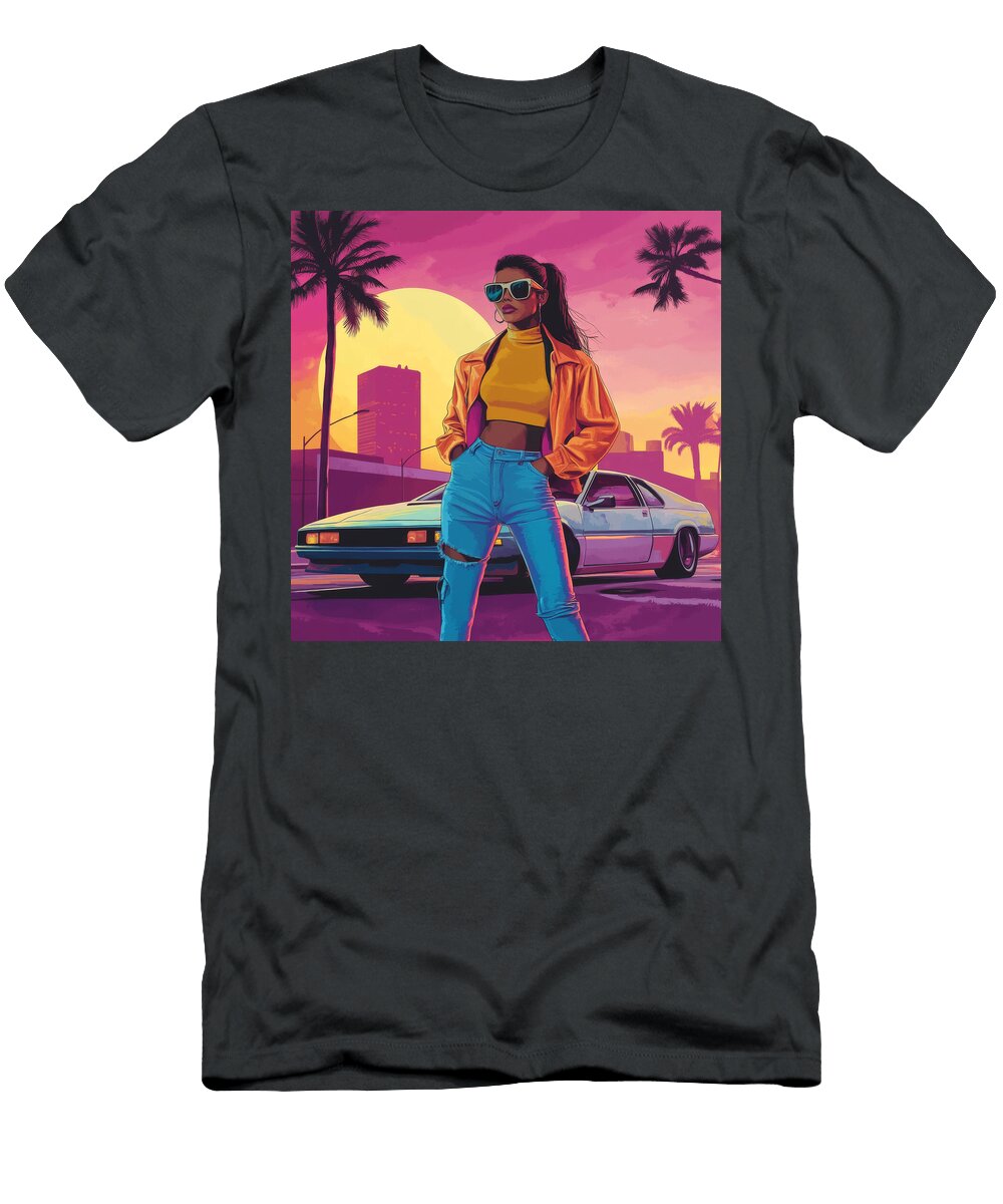 Stylish Woman Posing with a Sports Car in a Retro Sunset Citysca Jacco Morgan T-Shirt
