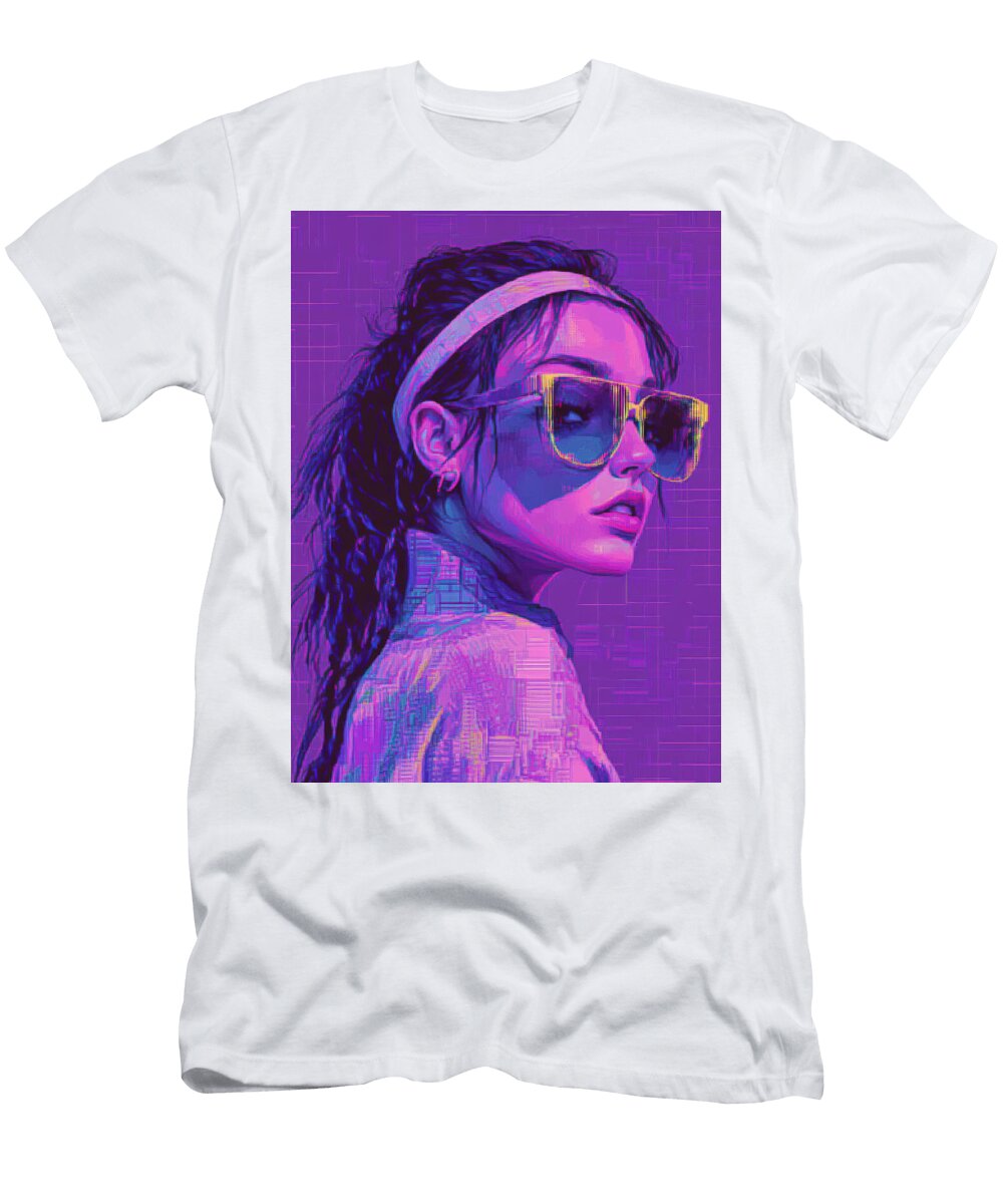Stylish Woman with Sunglasses Neon Purple Backdrop Kohler Sofia T-Shirt