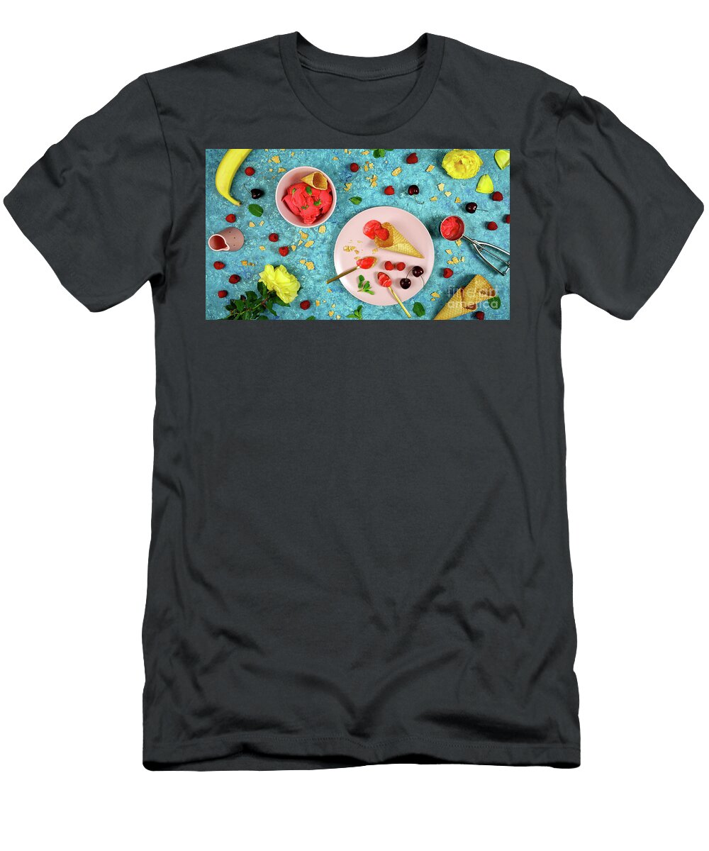 Summer Ice Cream Berry Sorbet Preparation with Waffle Cones and Fresh Berries Milleflore Images T-Shirt