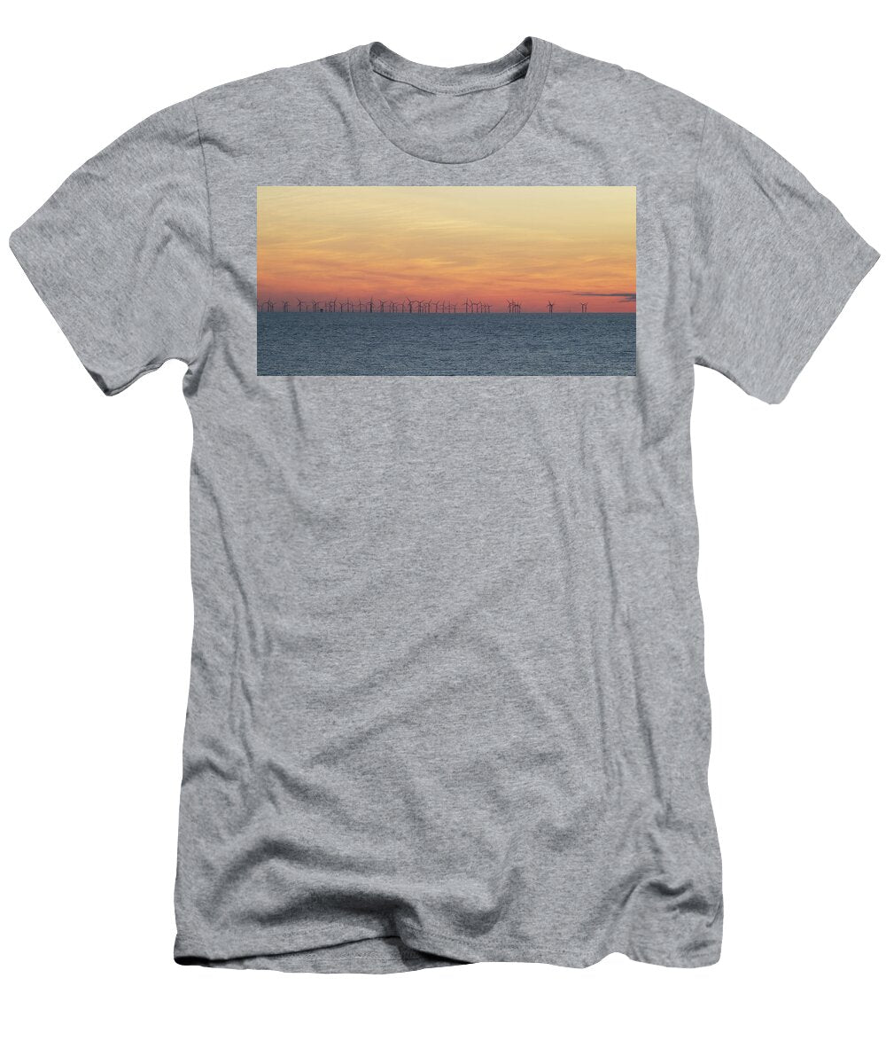 Sun Sets Over Burbo Bank Windfarm Neon Light Photography T-Shirt
