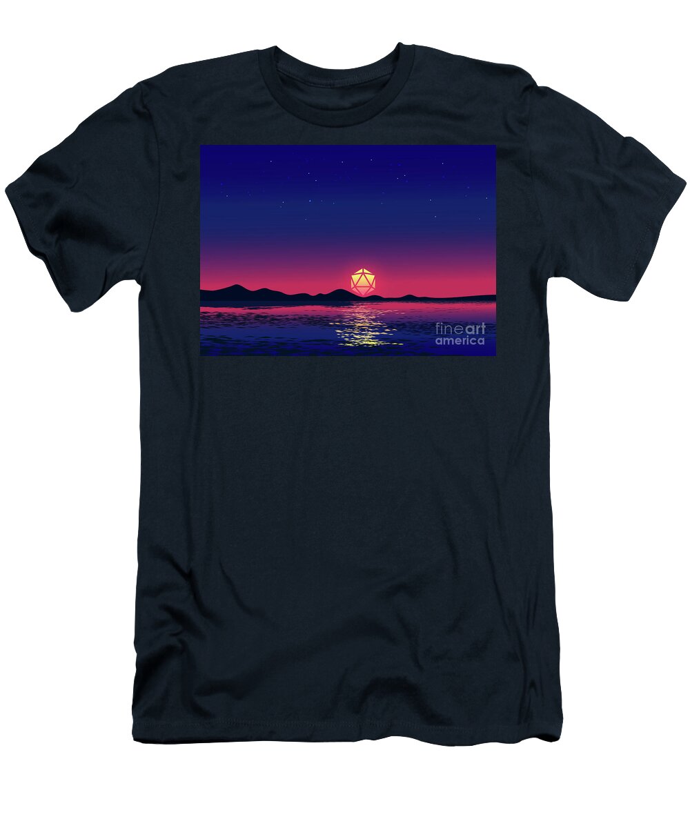 Sunrise Yellow D20 Dice Moon Synthwave Tabletop Rpg Landscapes Pixel Coated T-Shirt