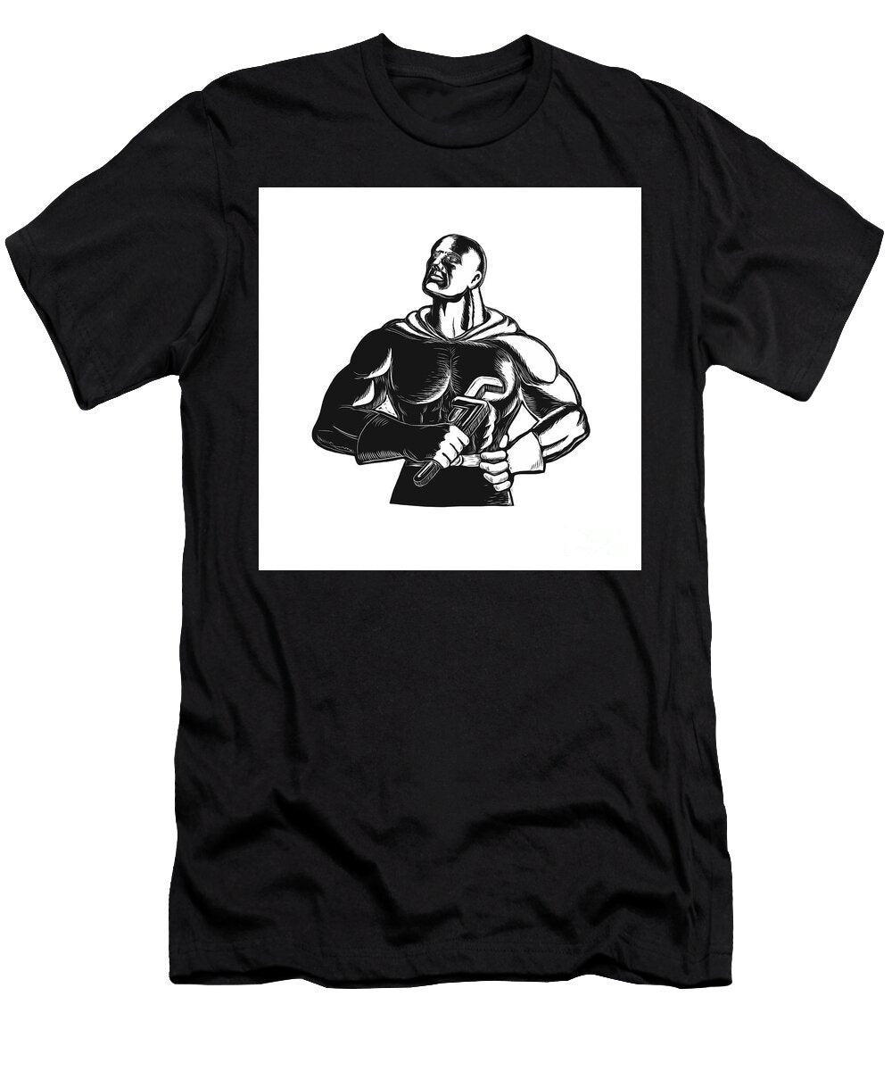 Superhero Plumber with Wrench Woodcut Aloysius Patrimonio T-Shirt