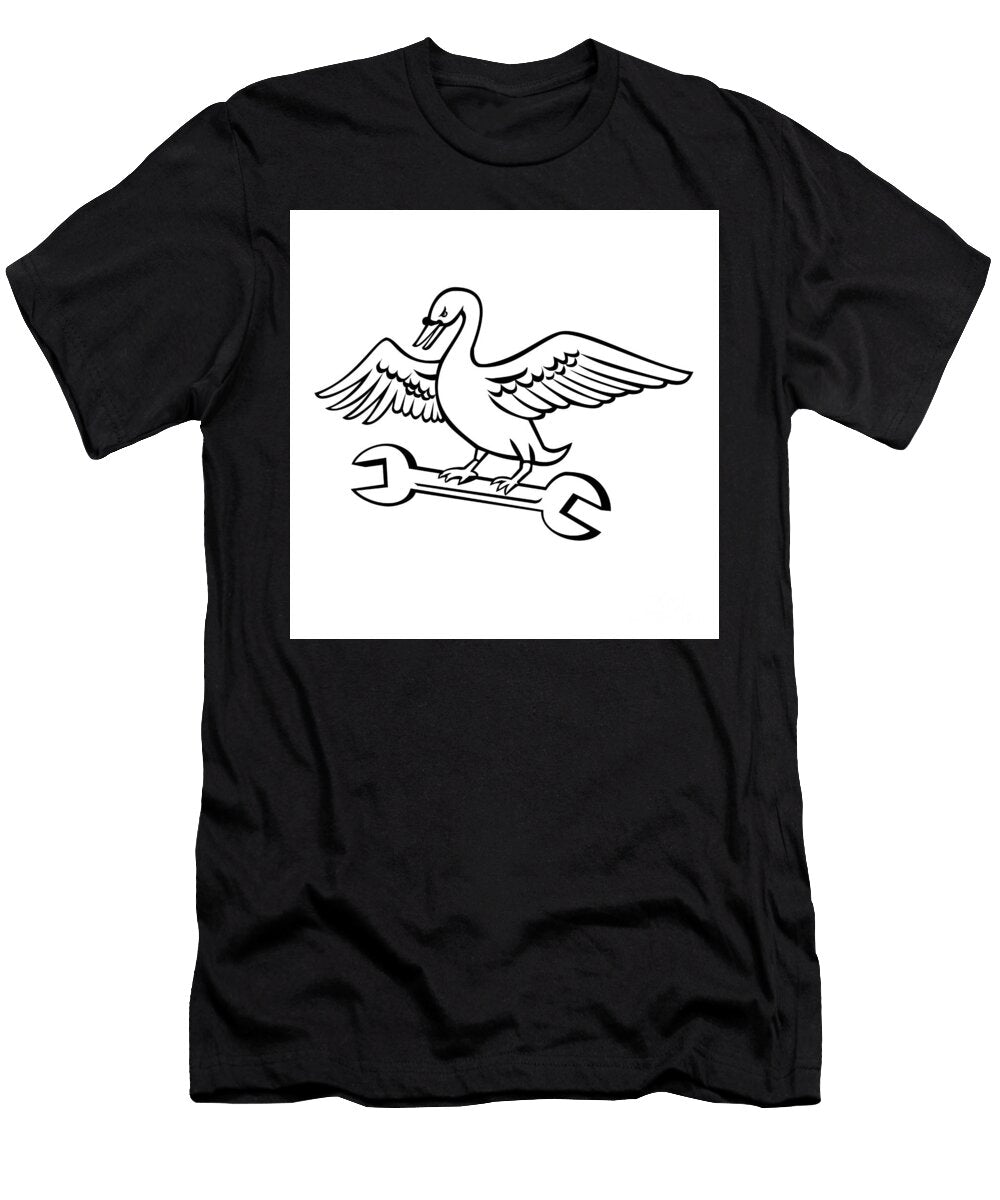 Swan Perching on Spanner Wrench Retro Mascot Aloysius Patrimonio T-Shirt