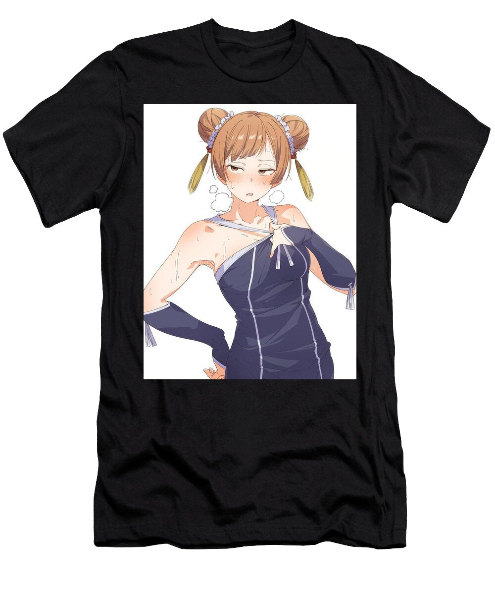 Sweating Girl Hair Buns Blue Dress Exasperated Chimera Dominic T-Shirt