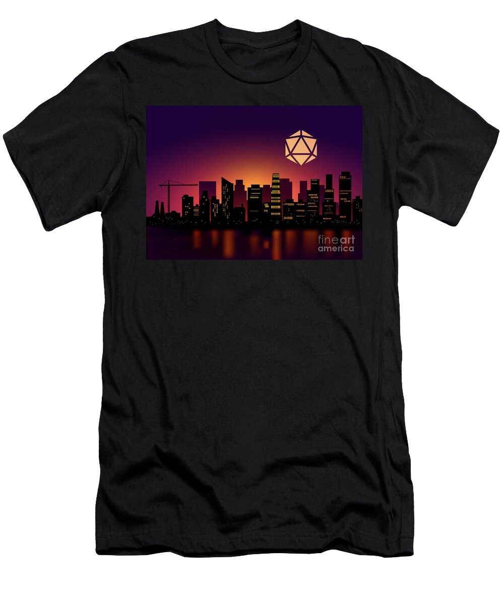 Synthwave Cityscape D20 Dice Moon Tabletop Rpg Landscapes Pixel Coated T-Shirt