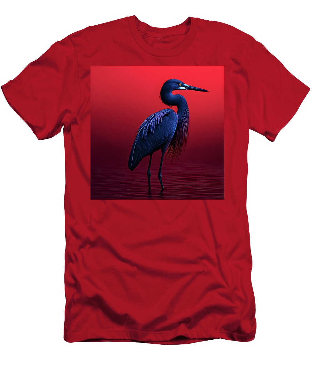 Synthwave Digital Fine Art Piece of an Exotic Cobalt Blue Egret on Red Paper 3 Kurt Heppke T-Shirt
