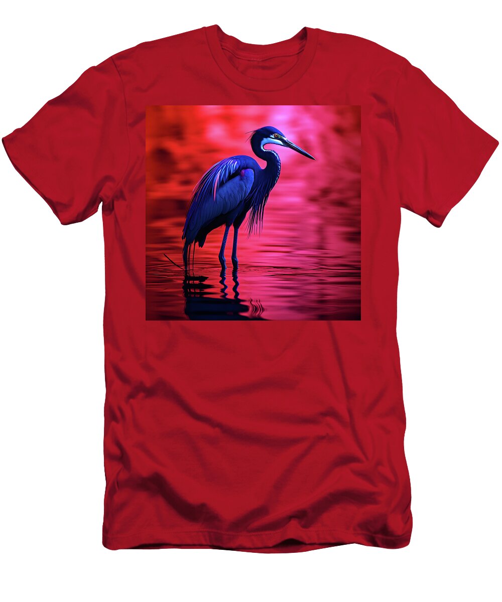 Synthwave Digital Fine Art Piece of an Exotic Cobalt Blue Egret on Red Paper 4 Kurt Heppke T-Shirt