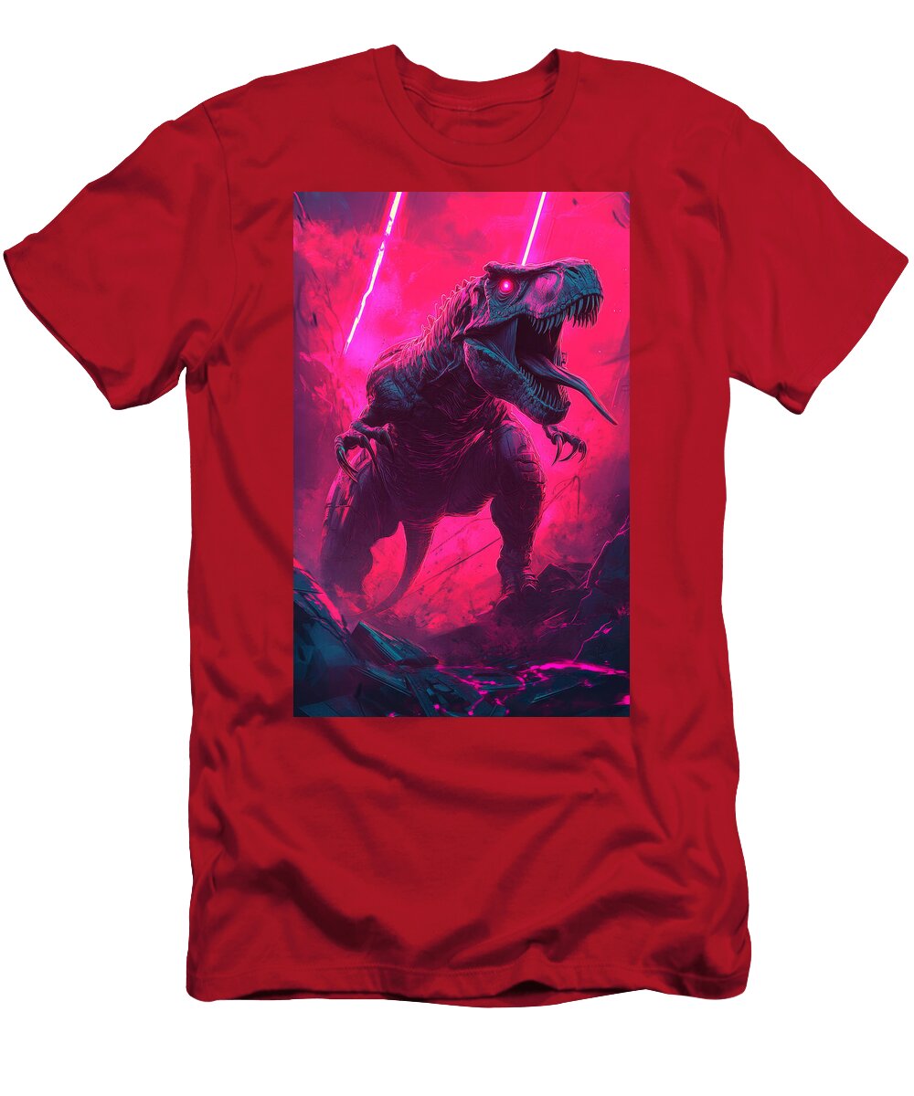 T Rex Dinosaur Roaring Under Neon Pink Lights Milani Wabriele T-Shirt