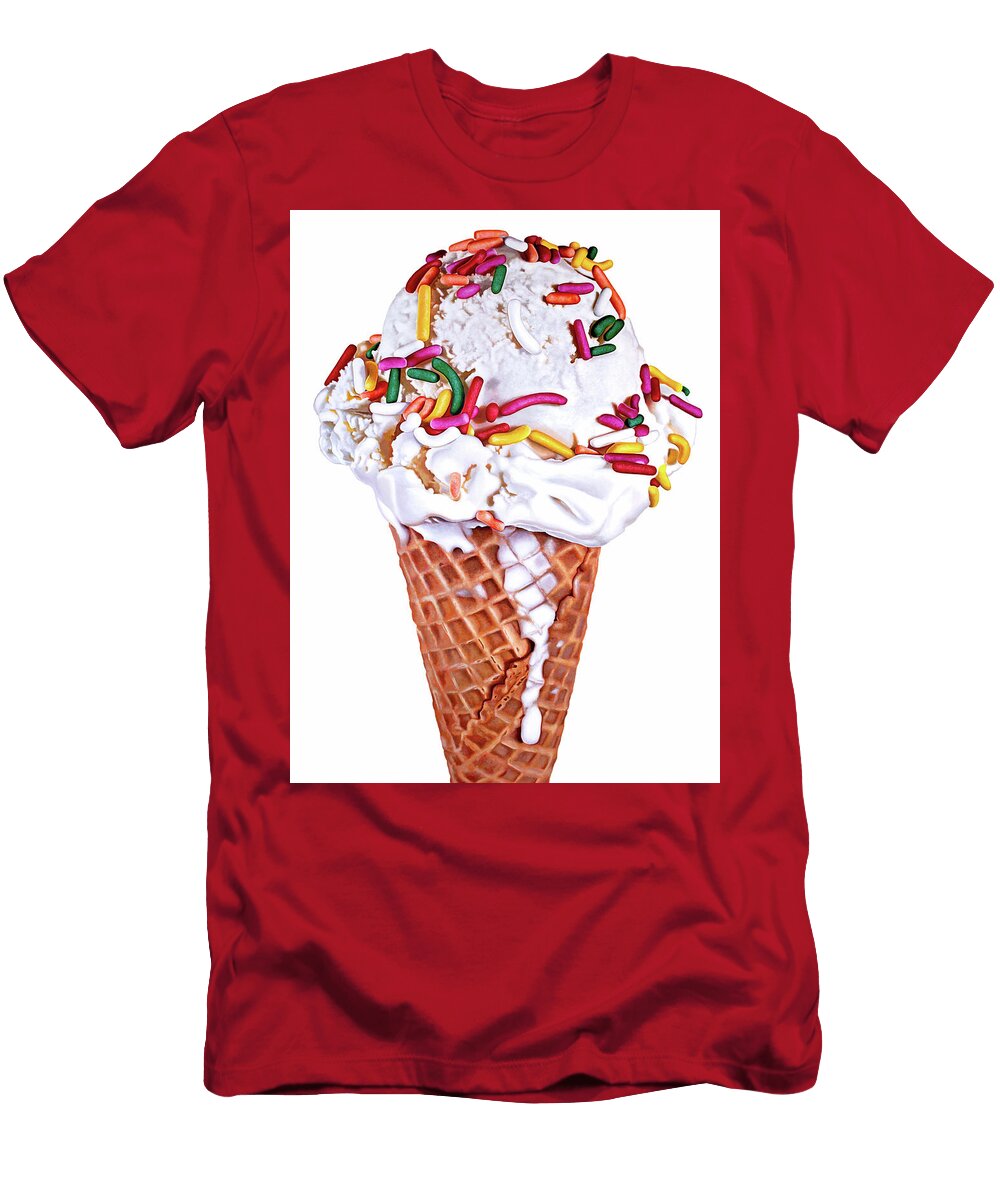 Tall and Colorful Vanilla Ice Cream Cone with Rainbow Sprinkles Kim Testone T-Shirt
