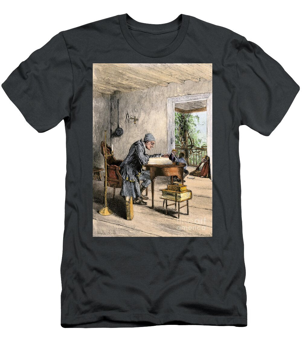 Teacher Reading At His Office in the Classroom of a Colonial School 17th 18th Century Illustration 19th Century Engraving on Wood Colour American School T-Shirt