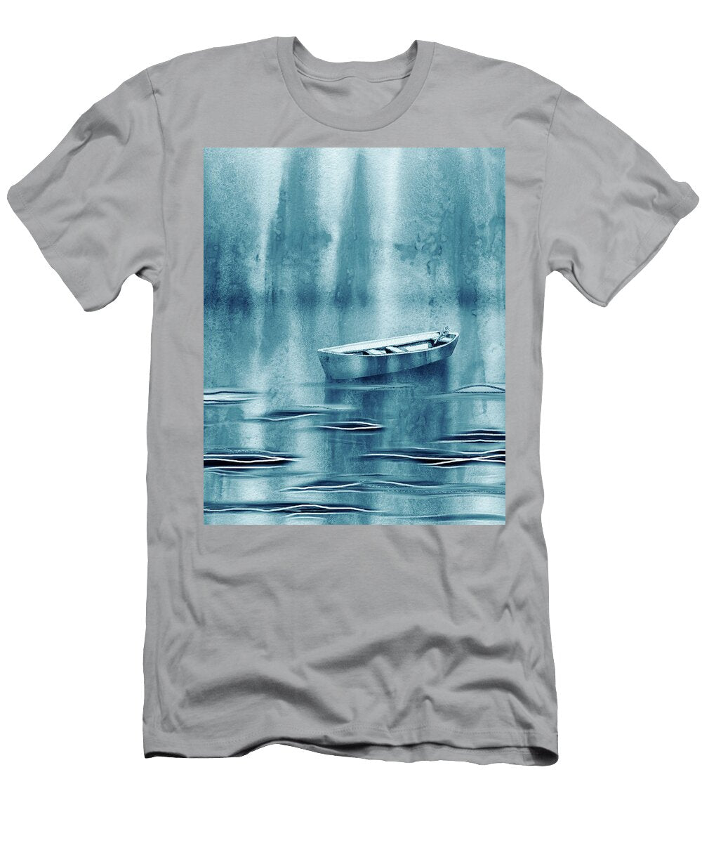 Teal Blue Waters of the Lake with Single Boat Drifting Irina Sztukowski T-Shirt