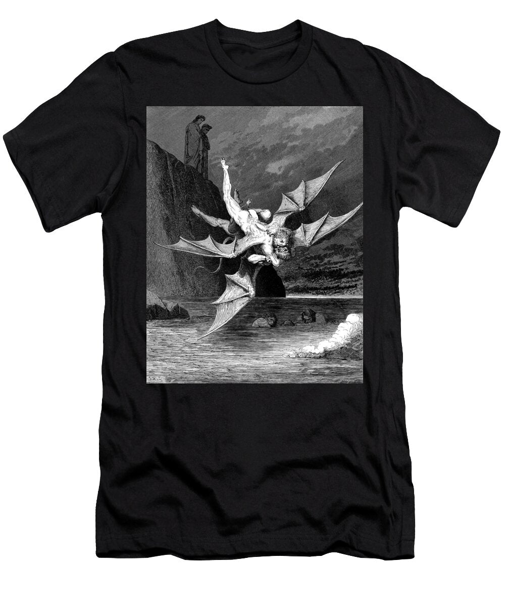 The Inferno Canto 22 Two Devils Falling Into Boiling Pitch Gustave Dore T-Shirt
