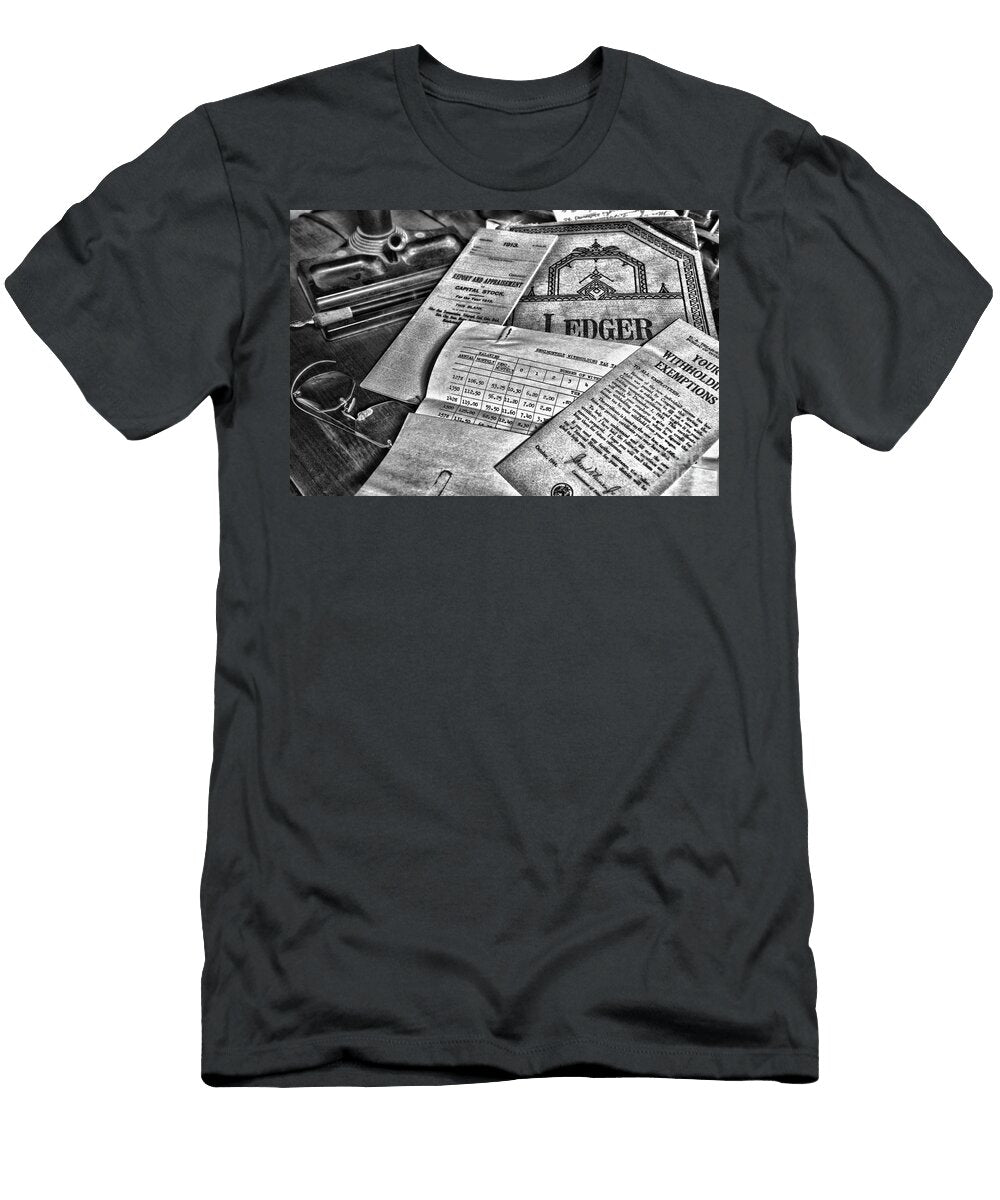 The Tax Man and His Ledger Black and White Paul Ward T-Shirt