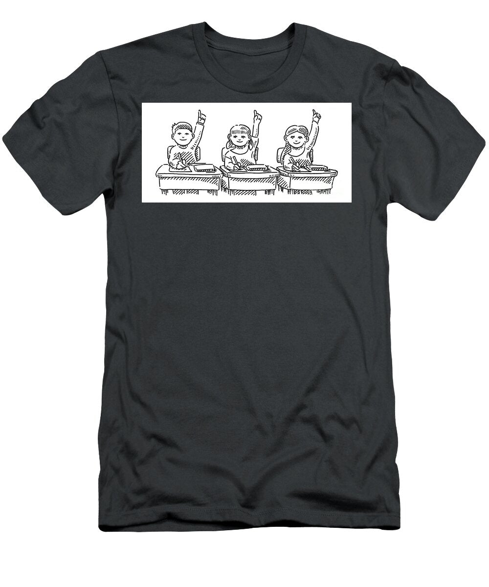 Three Schoolchildren Raising Their Hands in Classroom Drawing Frank Ramspott T-Shirt