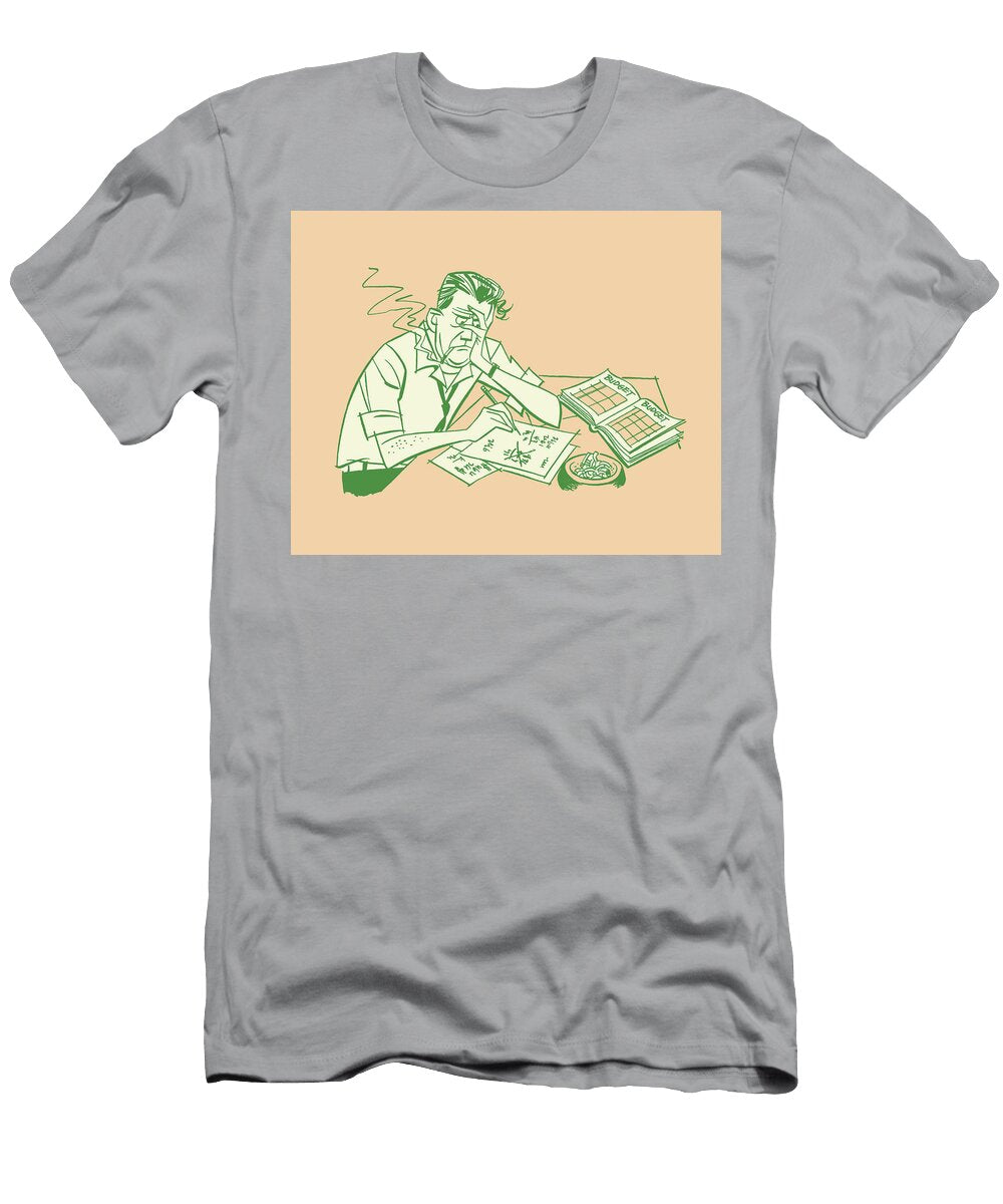 Tired Man Smoking Cigarette and Calculating Home Finances Csa Images T-Shirt