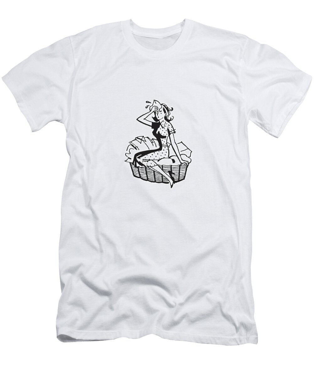 Tired Woman Sitting on Laundry in Basket Csa Images T-Shirt