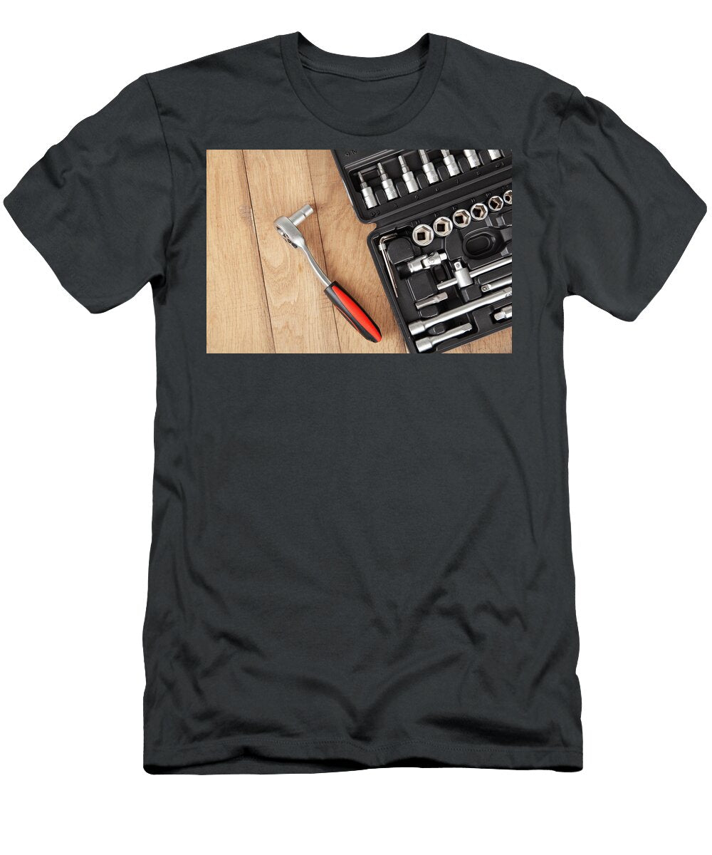 Tool Set for Machine Repair on Wooden Background Car Toolbox Michael Dechev T-Shirt