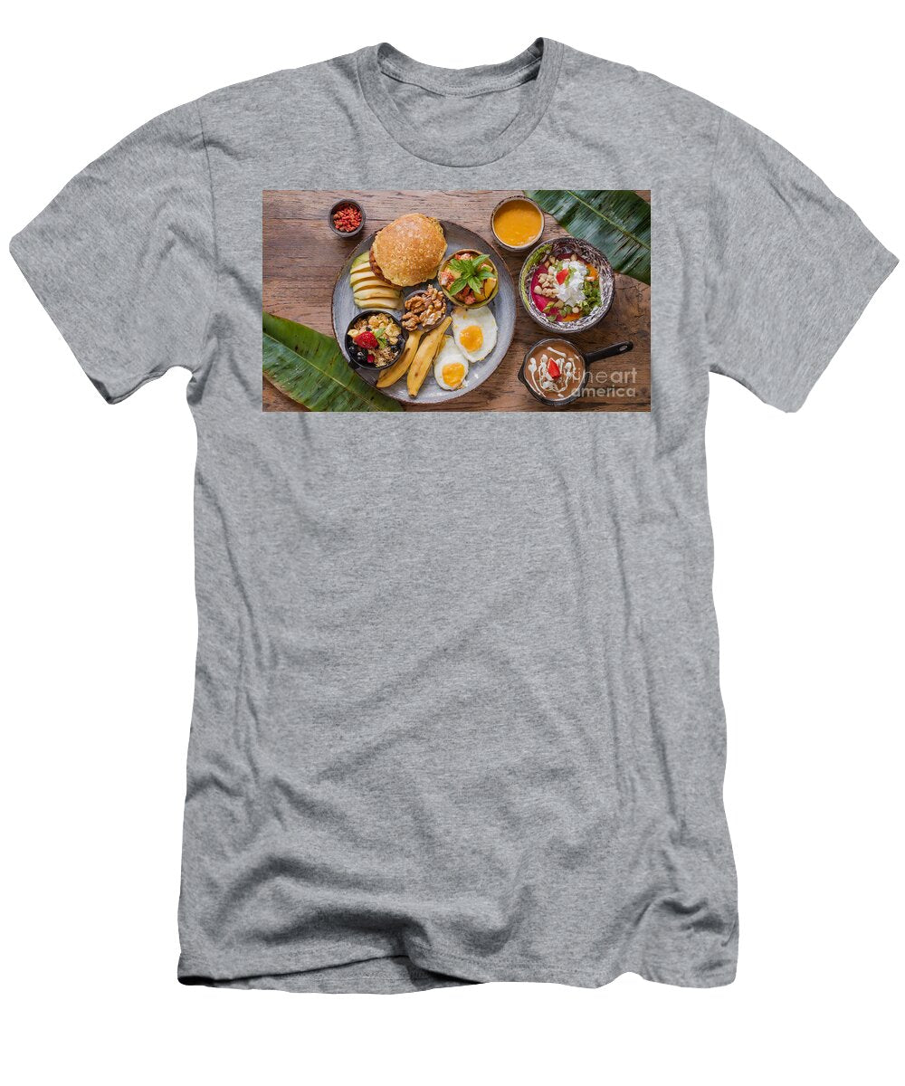 Top View of Delicious Exotic Breakfast with Fried Egg Fruits an Viktor Birkus T-Shirt