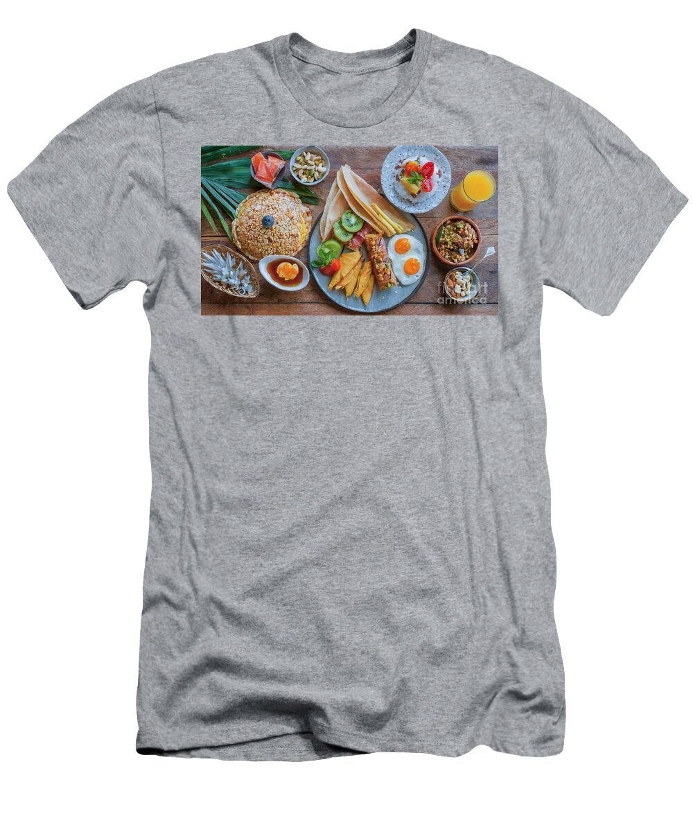 Top View of Exotic Breakfast with Fried Egg Bacon Pancakes and Viktor Birkus T-Shirt