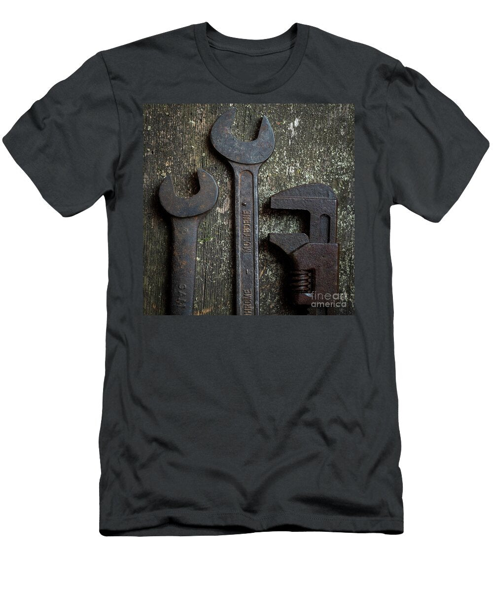 Top View of the Rusty and Old Wrenches Put on the Grunge Table Surface Bernard Jaubert T-Shirt