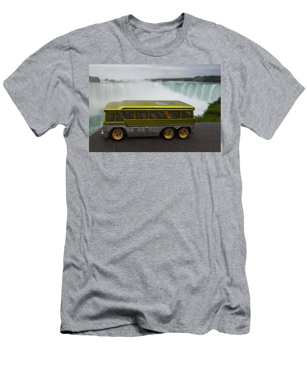Toy Bus At Waterfall Background Bruce Roker T-Shirt