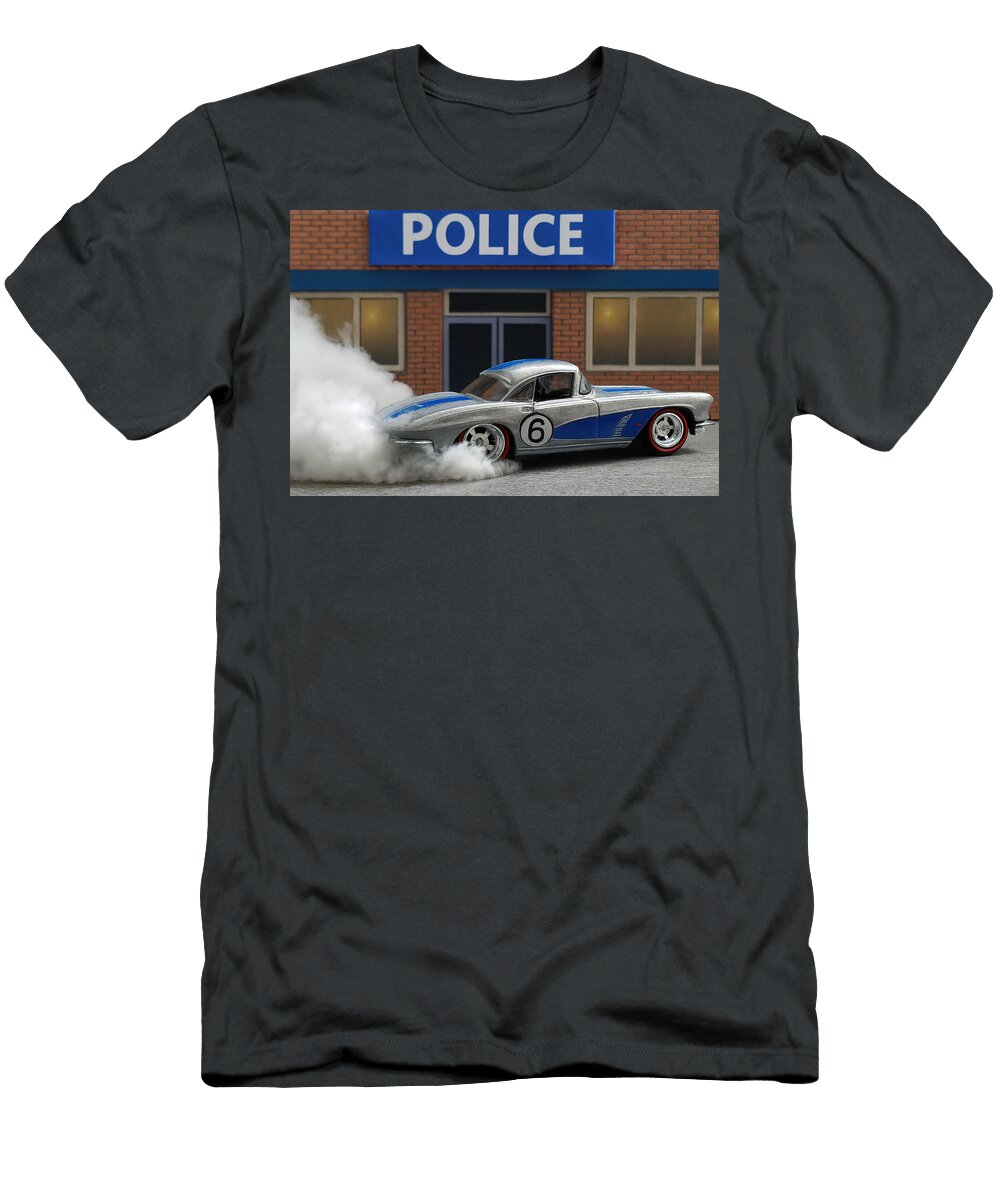 Toy Car Burnout At Police Station Bruce Roker T-Shirt