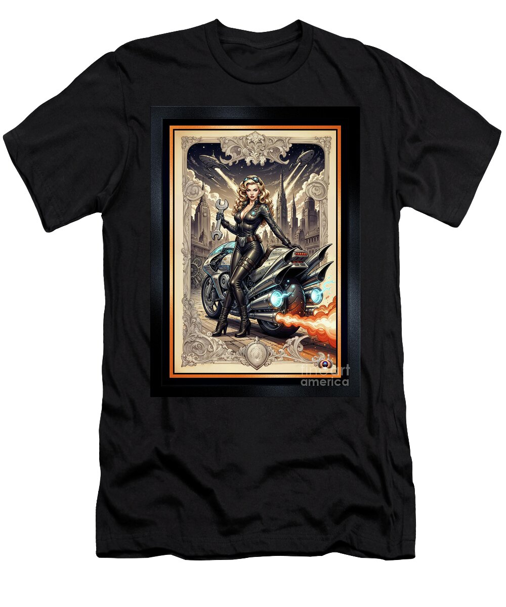 Tsylara Mimor Her Jithera Cycle Amidst Sprawling Rovathia Cityscape Mesmerizing Ai Art By Xzendor7 Xzendor7 T-Shirt