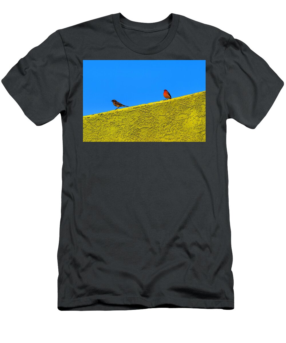 Two Birds on a Yellow Wall Mario G Rivera T-Shirt