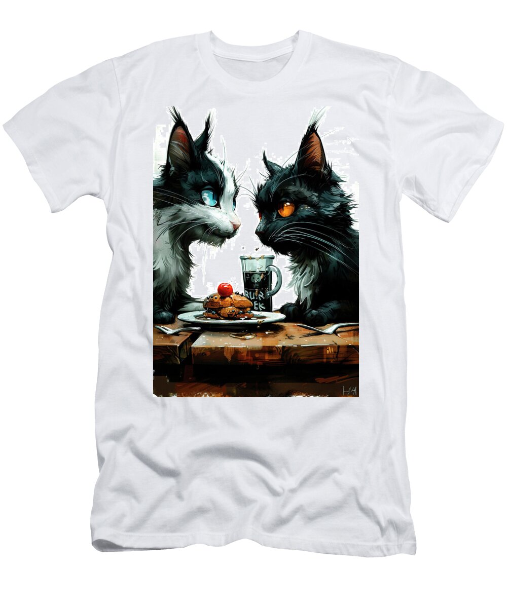 Two Cats Enjoying a Pancake Breakfast Whimsical Digital Art Eldre Delvie T-Shirt