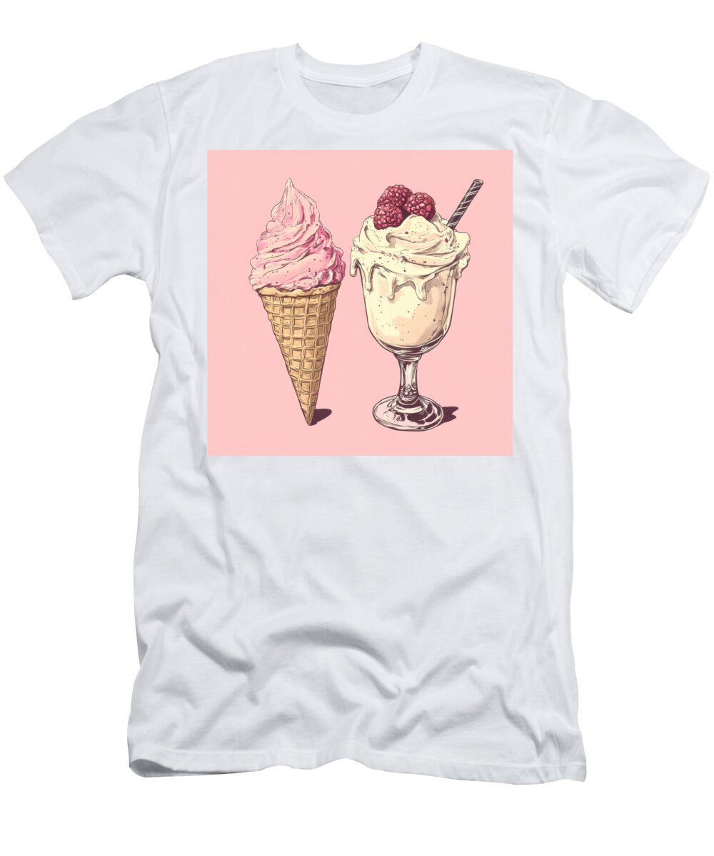 Two Desserts Ice Cream Cone and Sundae on Pink Background Gabriella Tembe T-Shirt