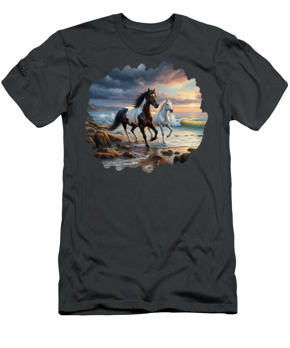 Two Horses Running on the Beach At Sunset Crista Forest T-Shirt