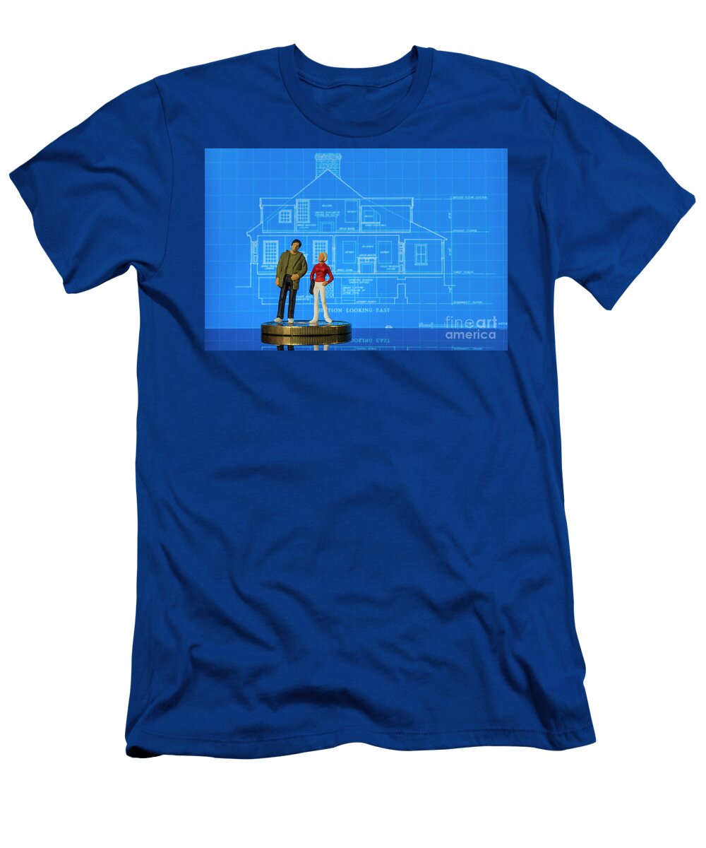 Two Miniature Figures Standing on a House Blueprint As If Discussing the Plans Macro Pablo Avanzini T-Shirt