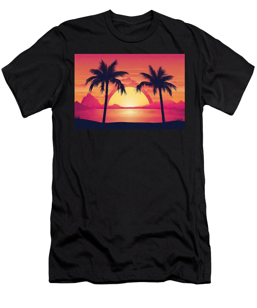 Two Palm Trees on a Sunset 80s Retro Sci Fi Style Summer Time Futuristic Sun Retro Wave Design for Advertising Brochures Banners Posters Travel Agencies Vector Illustration Stock Illustrationmiami Wafe Akkash T-Shirt