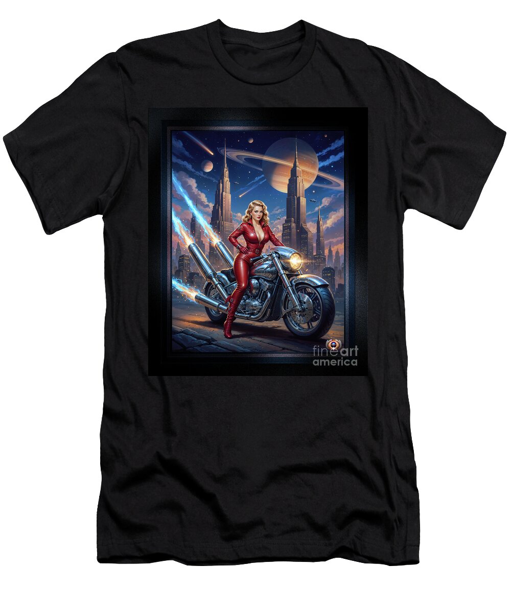 Urra Tyrlan Riding Her Deblenus Cr93721 Power Bike Portrait Mesmerizing Ai Concept Art By Xzendor7 Xzendor7 T-Shirt