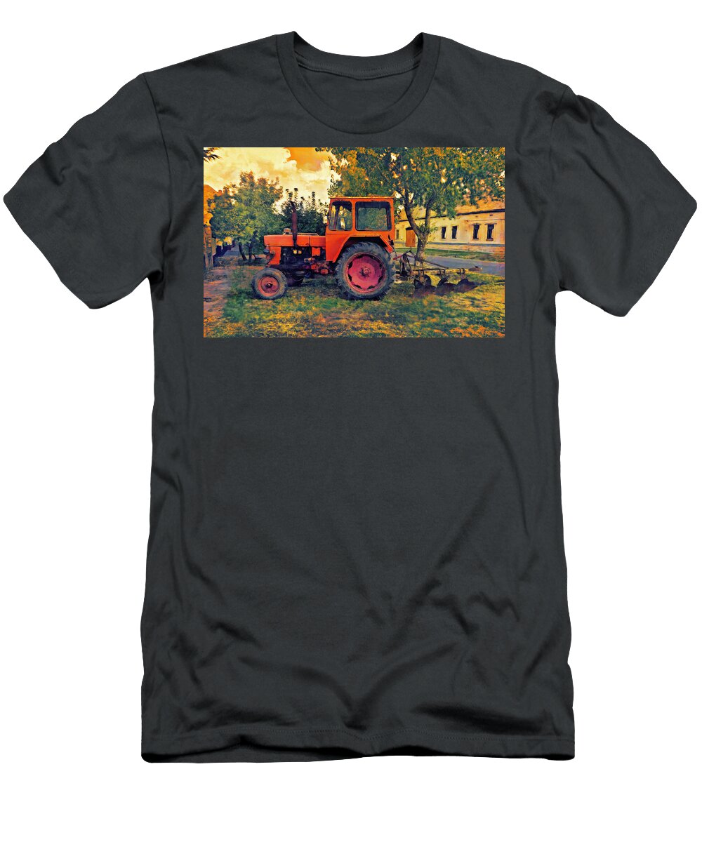 Utb 650 Tractor and Plow Side View Impasto Oil Painting Nicko Prints T-Shirt