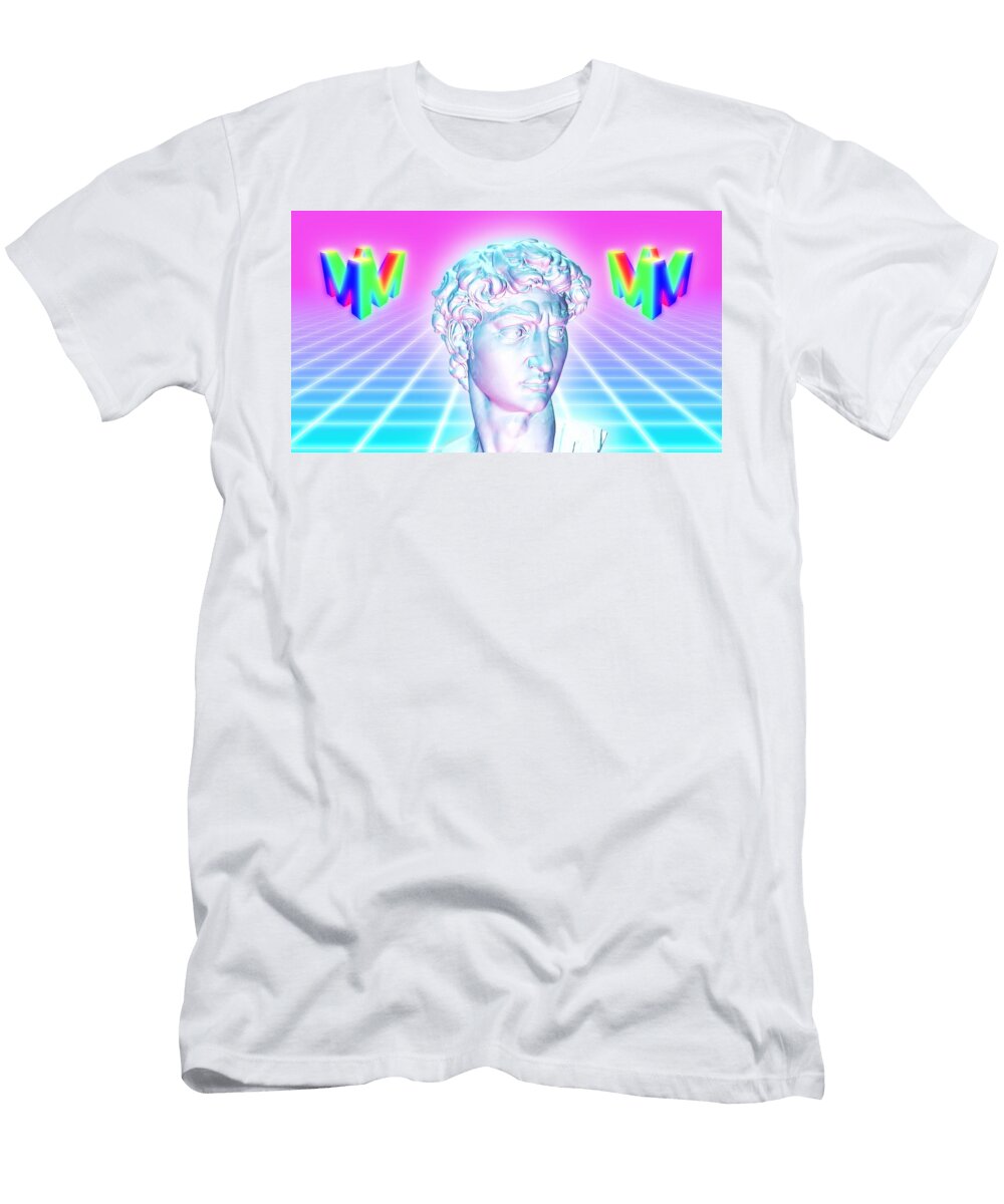 Vaporwave Aesthetic Statue on 80s Neon Glow Grid with Spinning Logo Incredivfx T-Shirt