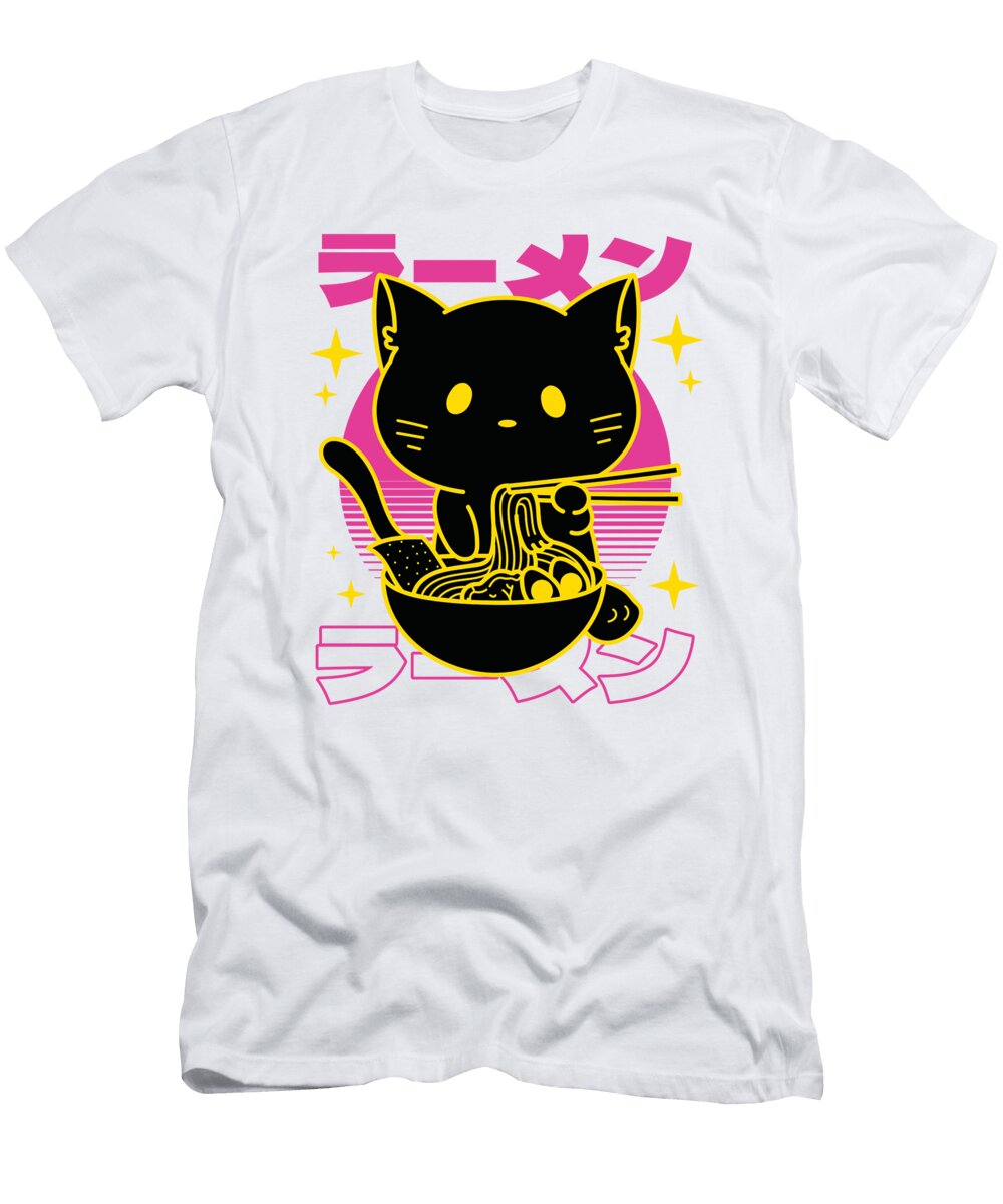 Vaporwave Cat Eating Ramen Bowl Aesthetic Japan Fuzius T-Shirt