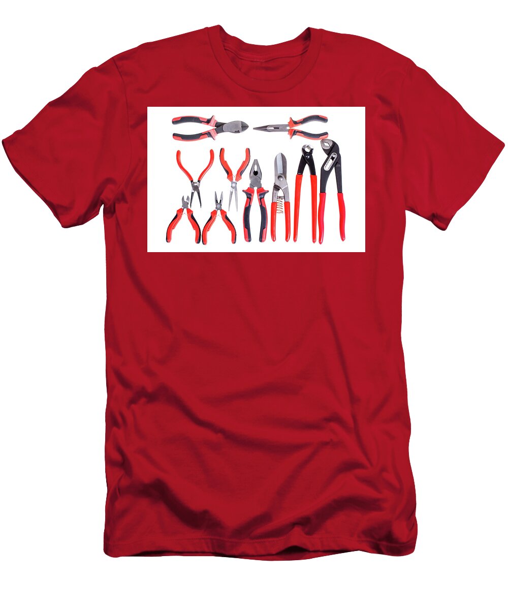 Various Pliers Nippers Set Isolated on White Tools Related to Construction Carpentry Repairing Works Top View Michael Dechev T-Shirt