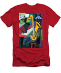 Vibrant Abstract Composition with Bold Yellow Saxophone and Monochrome Keyboard Amid Geometric Shape Olfactoart Studio T-Shirt