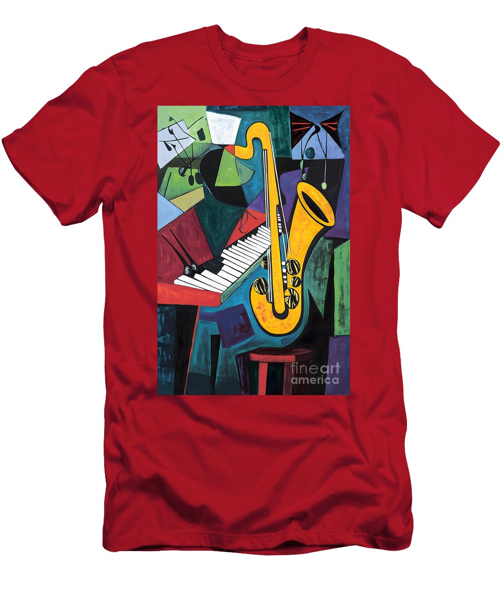 Vibrant Abstract Composition with Bold Yellow Saxophone and Monochrome Keyboard Amid Geometric Shape Olfactoart Studio T-Shirt