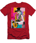 Vibrant Depiction of Musician Playing Saxophone Against Colorful Abstract Background Olfactoart Studio T-Shirt