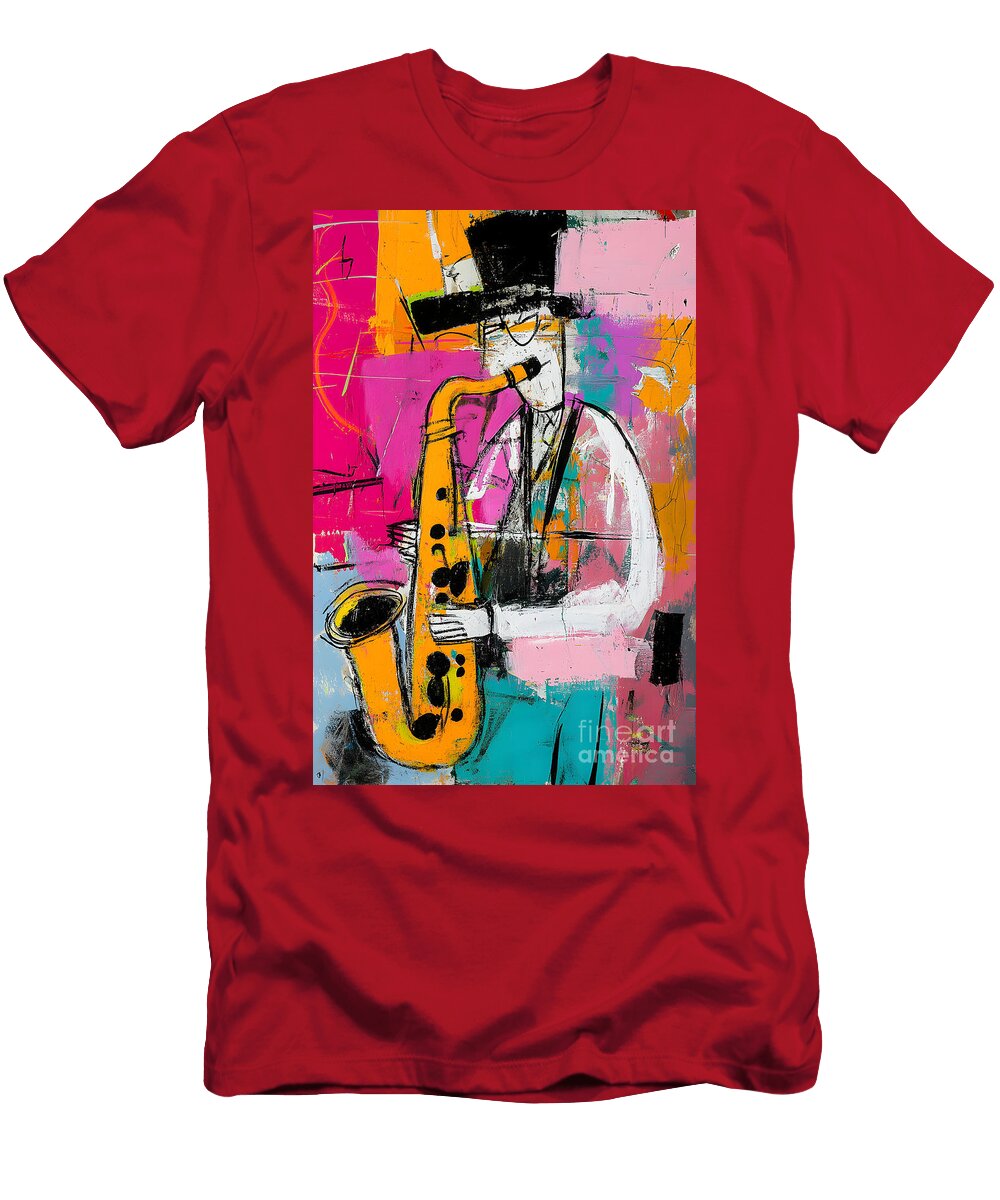 Vibrant Depiction of Musician Playing Saxophone Against Colorful Abstract Background Olfactoart Studio T-Shirt