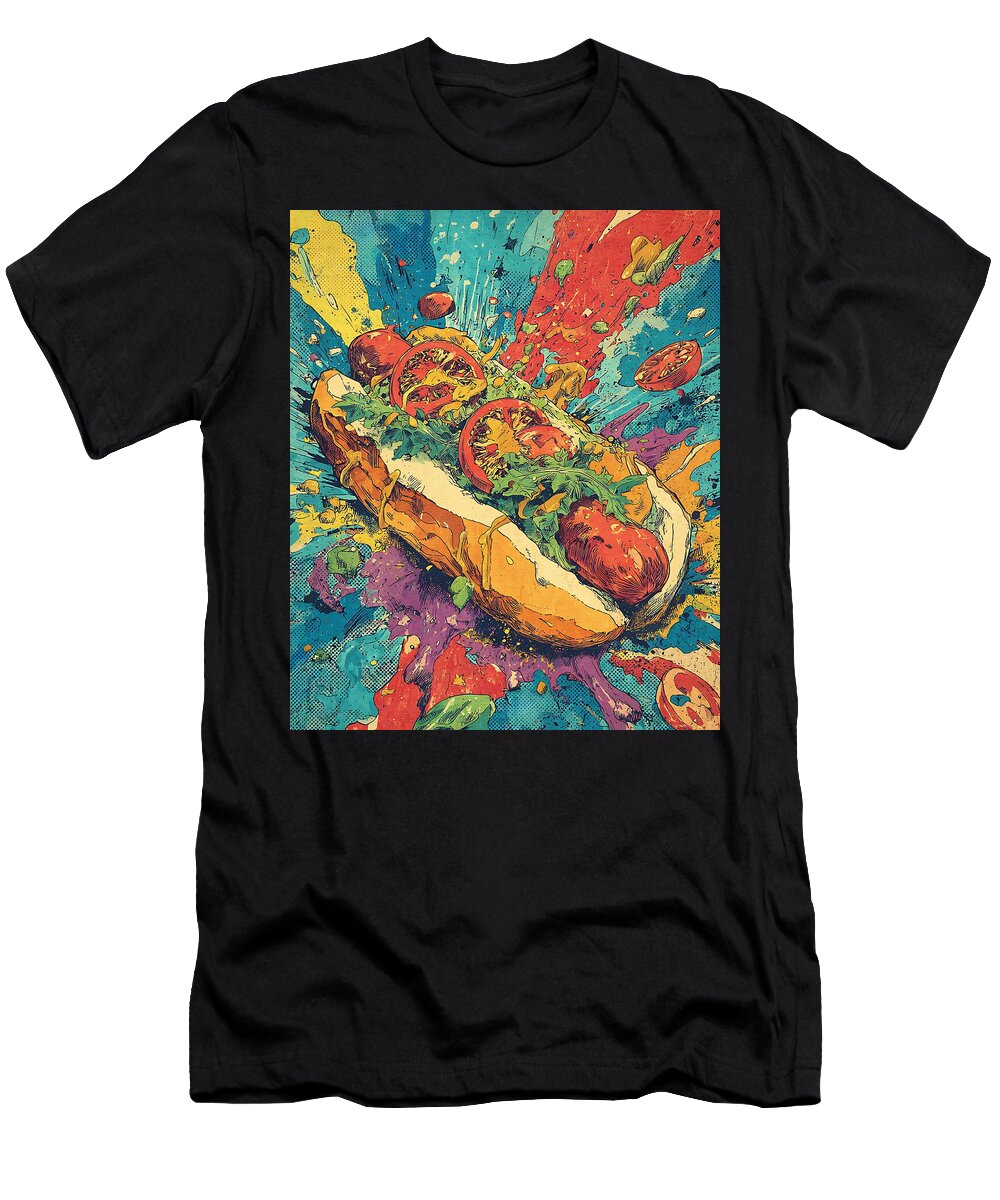 Vibrant Hotdog Illustration Colorful Hotdog Creative Food Art Hot Dog with All the Toppings in a Pop Kari Goldfalse T-Shirt
