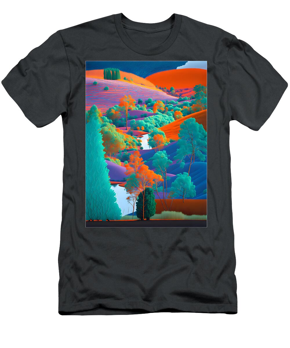 Vibrant Infrared Landscape Colorful Trees and Radiating Hill Caleb Ongoro T-Shirt