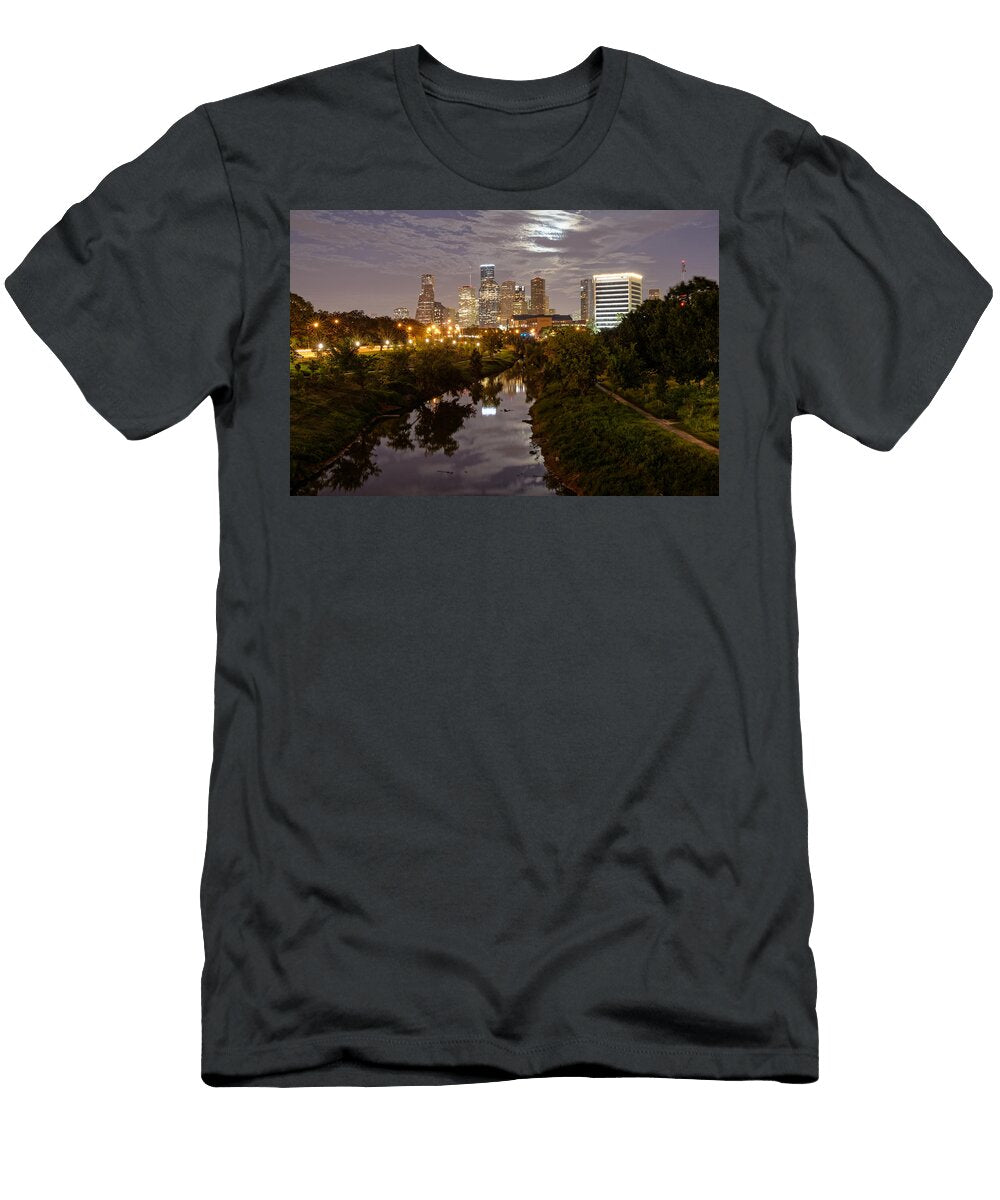 View of Downtown Houston Skyline and Buffalo Bayou Waterway with Super Moon Rising Behind the Clouds Silvio Ligutti T-Shirt
