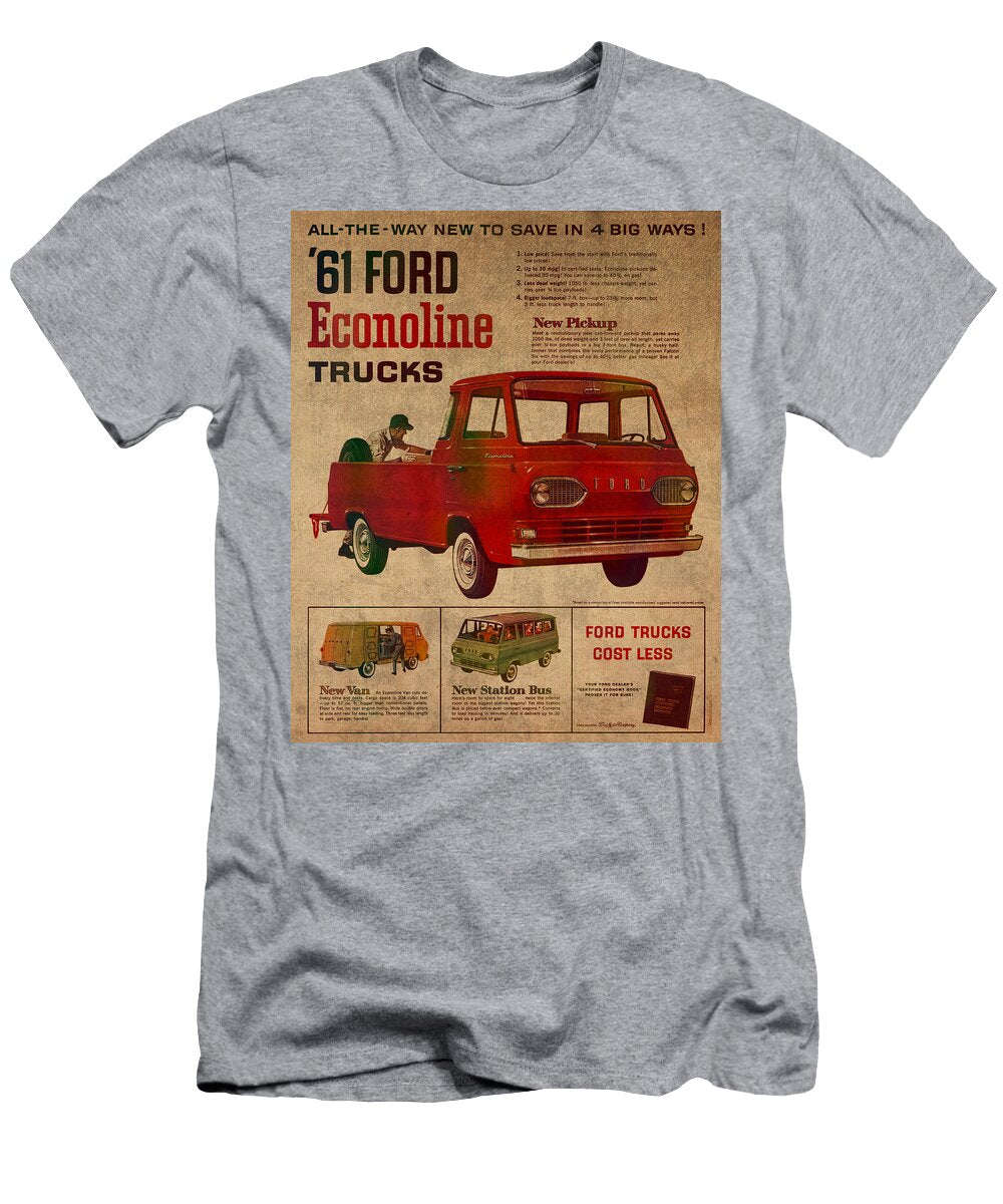 Vintage Car Advertisement 1961 Ford Econoline Truck Ad Poster on Worn Faded Paper Design Turnpike T-Shirt